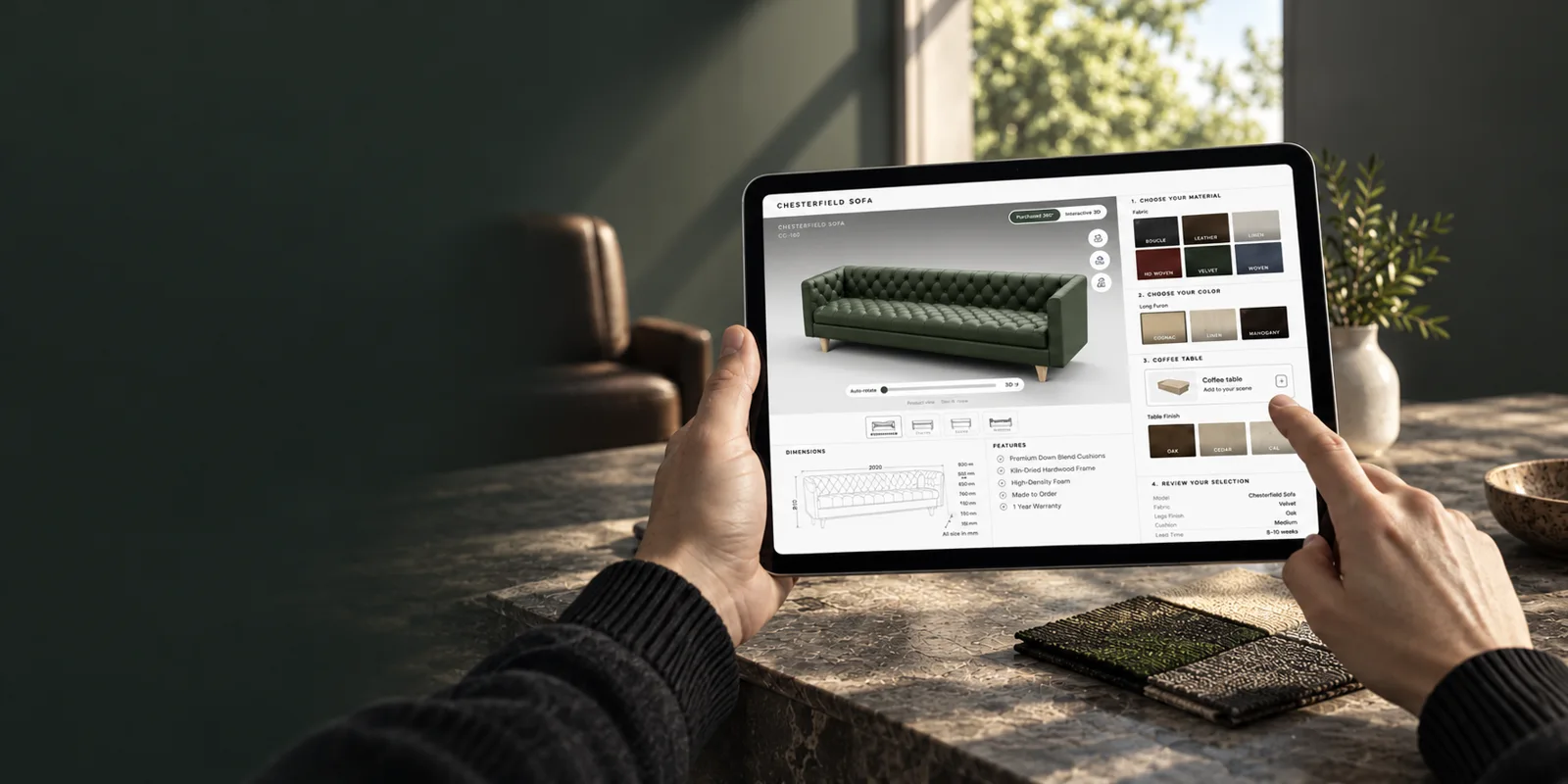 An illustration of exploring a Chesterfield sofa and its materials on a tablet