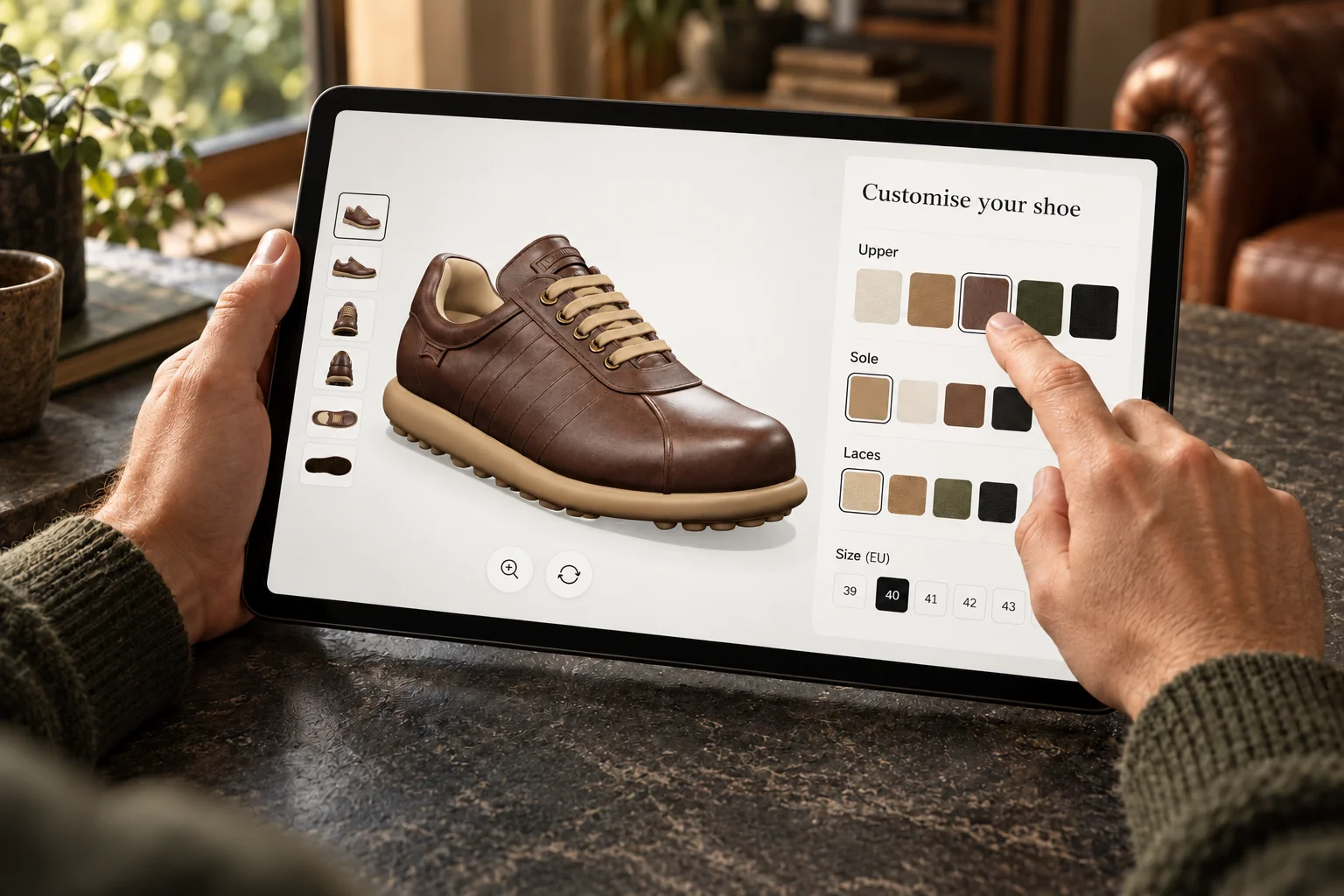 Shopper customising a shoe on a tablet